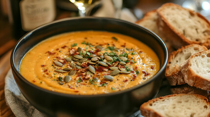 Fototapeta premium A cozy fall dinner setup with roasted butternut squash soup, served with rustic bread and garnished with pumpkin seeds