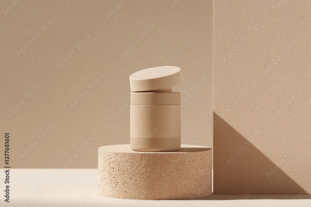 Poster minimalist skincare product displayed on textured surfaces in natural light