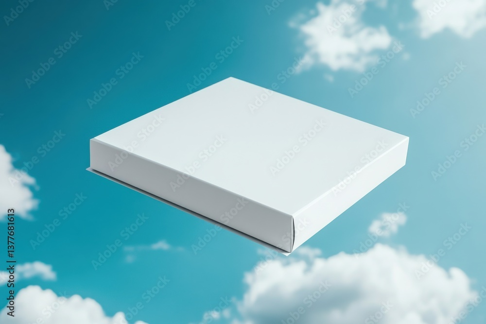 Poster white box floating against a bright blue sky with fluffy clouds during daytime
