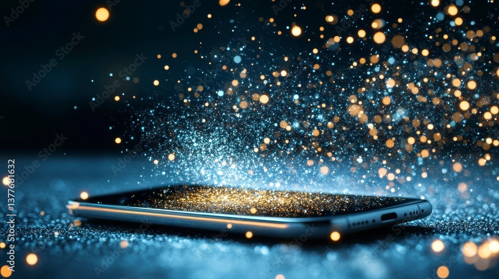 Poster glowing sparkles and glitter emanating from a smartphone on a dark surface, creating a magical and e