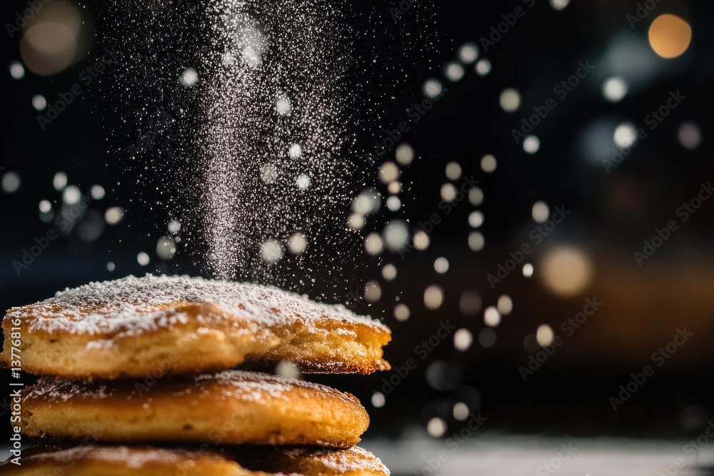 Poster delicious stack of fluffy pancakes being dusted with powdered sugar in a cozy kitchen setting