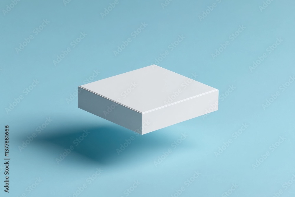 Poster white box levitating above a light blue background showcasing modern design and minimalism
