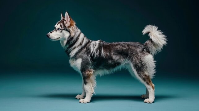 Siberian husky profile standing on teal background, blue eyes, fluffy tail