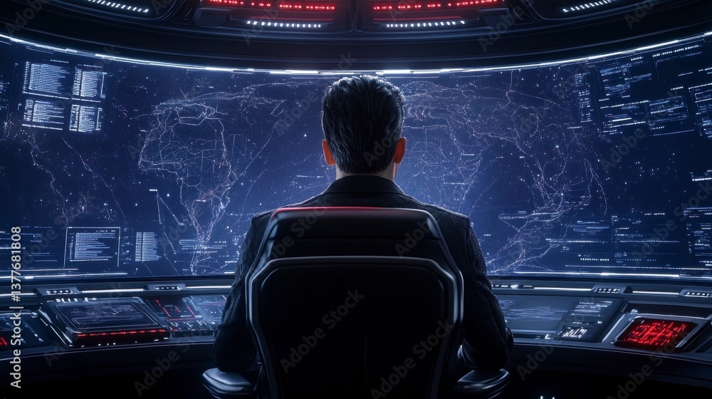Poster a man in a dark suit sits before a large curved screen displaying a starfield and digital data. the 