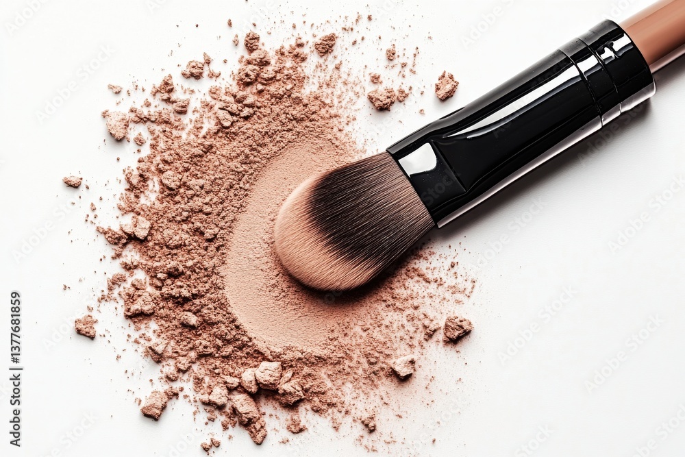 Poster makeup brush resting on loose powder with a soft texture on a light background