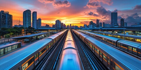 Obraz premium Modern Railway Station, Commuter Trains, and Platforms With Dramatic Sunset Over City Skyline