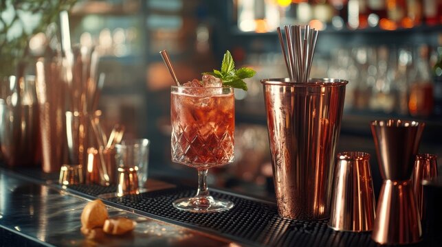 A beautifully crafted cocktail rests on a polished bar top, complemented by a sprig of mint. The setting features copper barware and a soft ambient glow, creating a chic atmosphere