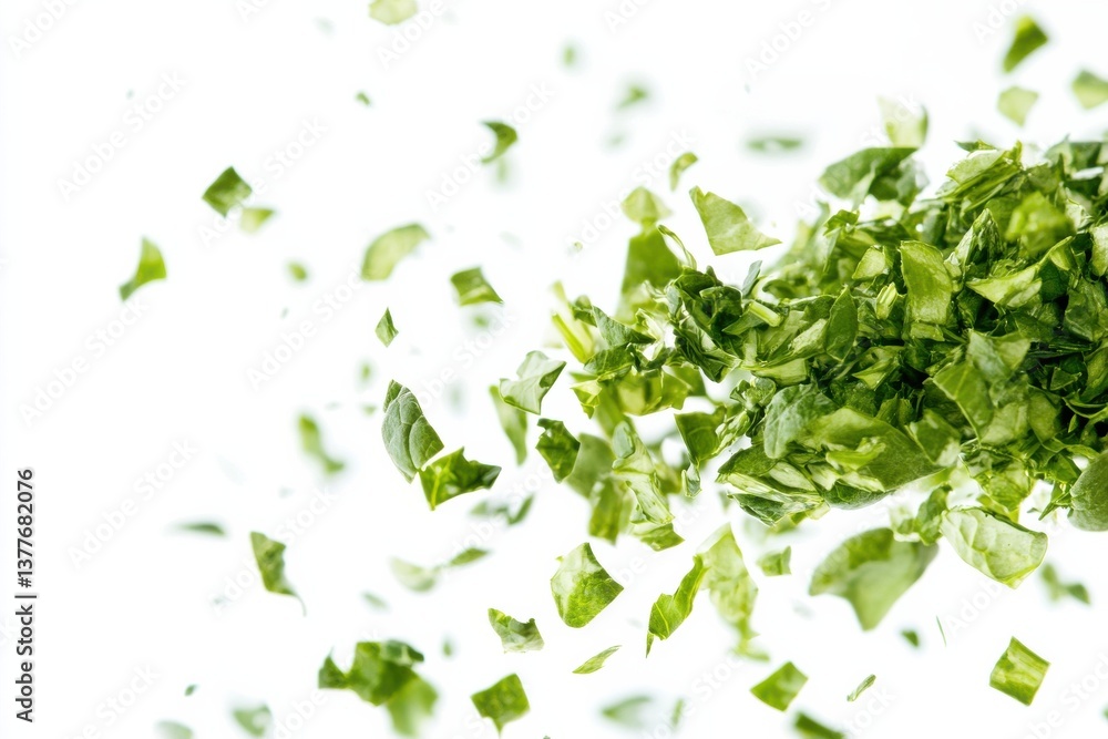 Aufkleber Visual display of finely chopped green herbs floating against a white background in a culinary setting