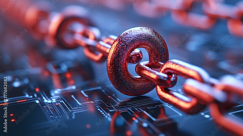 Aufkleber close up view of a metallic chain link resting on a circuit board, with a textured, granular surface