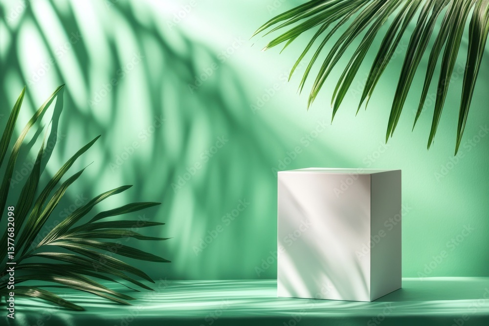 Poster Minimalist display setup with a white cube and tropical leaves against a green background during daylight