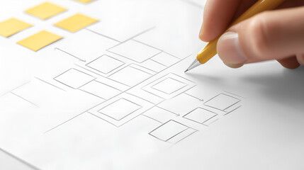 a person's hand sketching a flowchart on a piece of paper