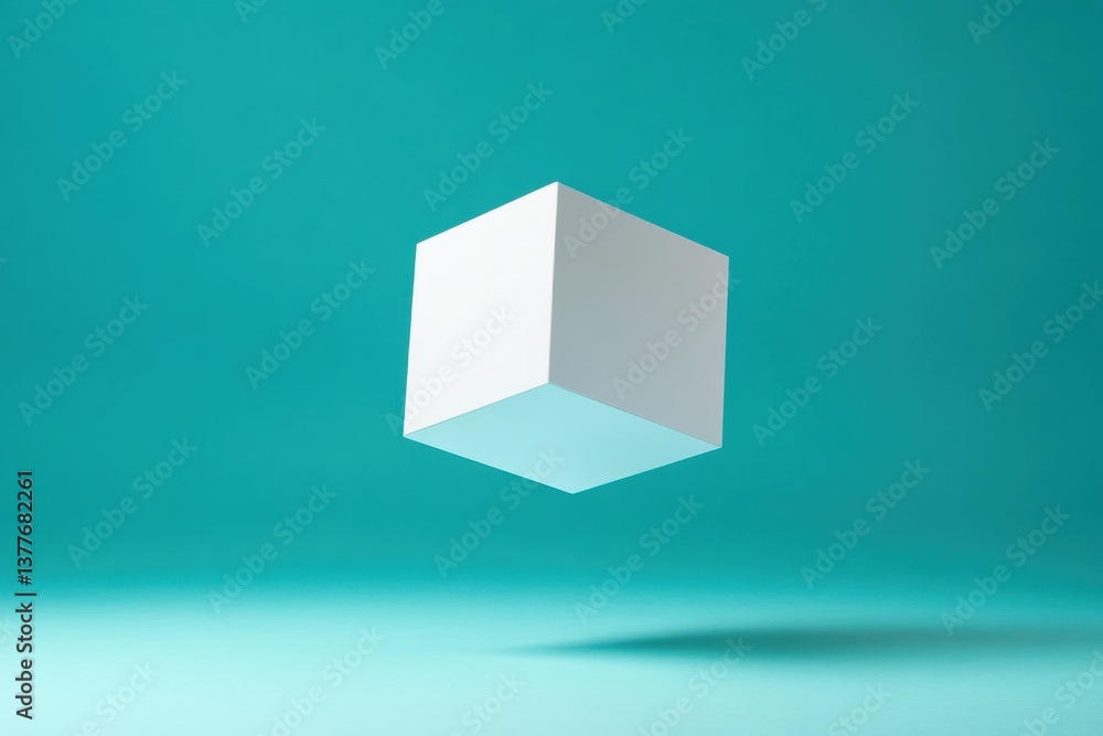 Poster Floating white cube on teal background with soft shadows in a minimalist design setting