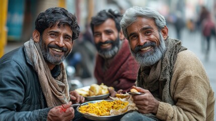 Elderly caucasian men enjoying outdoor meal in urban setting with cheerful expressions