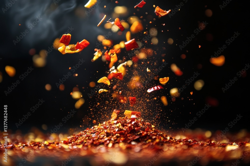 Poster spices dance in mid-air creating a vibrant burst of color against a dark background