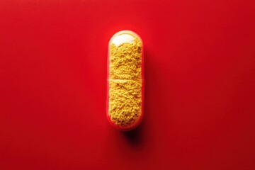 Bright yellow capsule filled with herbal powder resting on a vivid red background showcasing intricate details of the contents