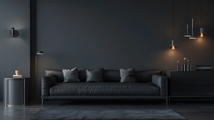 Sleek dark gray room with minimalist sofa, sideboard, and cinematic lighting.