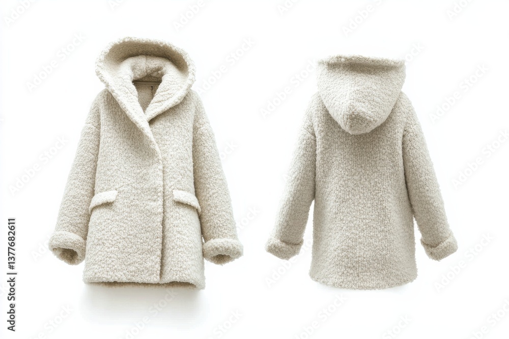 Poster cozy white fleece jacket with hood showcasing front and back views on plain background