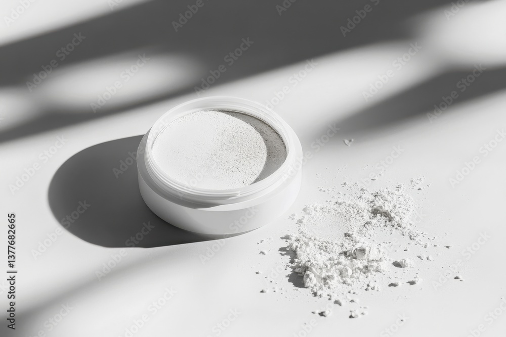 Poster powder container and spilled contents on a white surface in natural light with shadows