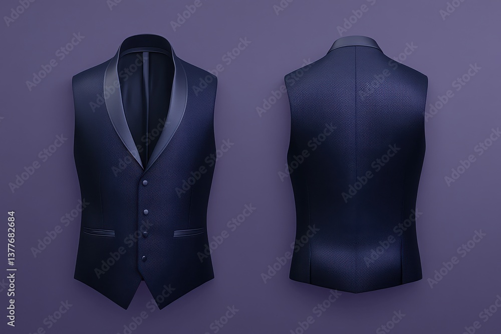 Poster elegant navy blue vest displayed from multiple angles against a purple background for a formal occas