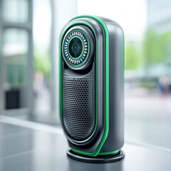 Modern black and green electric heater with digital display on a gray surface near a window.