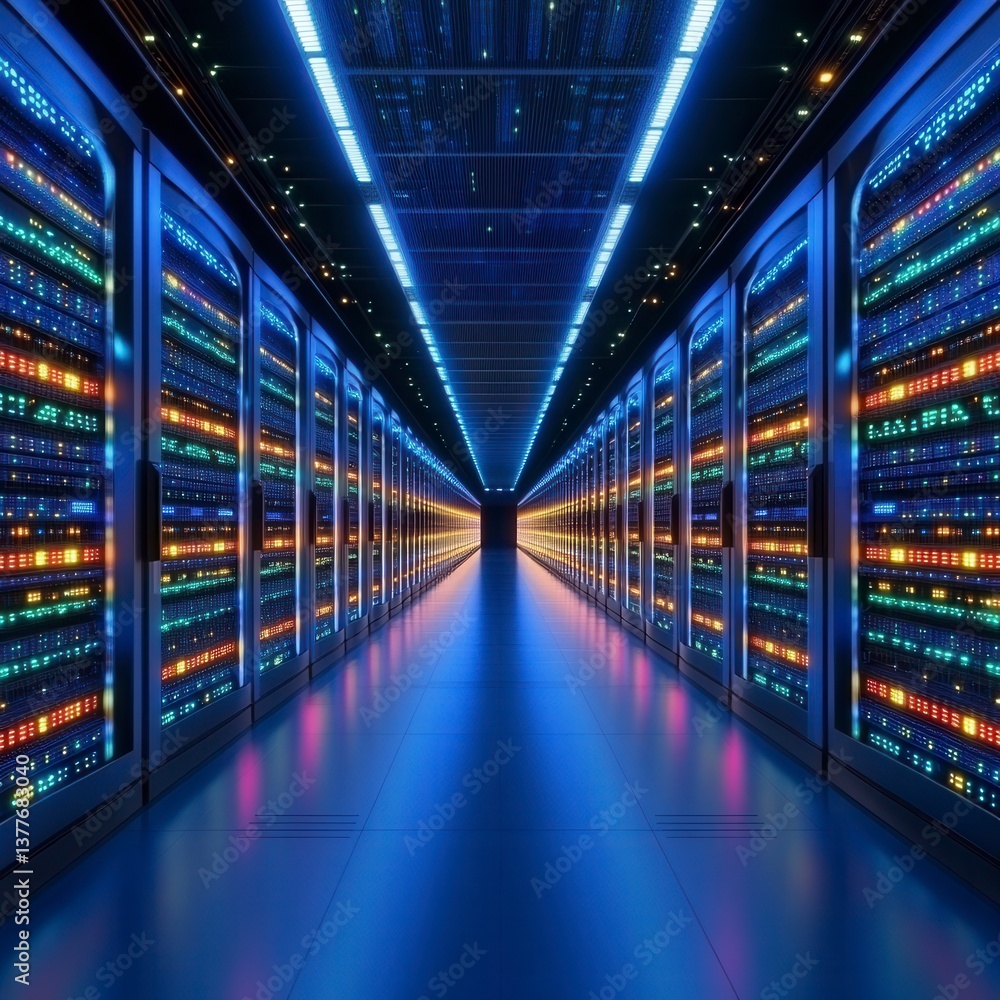 Poster rows of illuminated server racks in a modern data center. blue and orange lights reflect on the poli