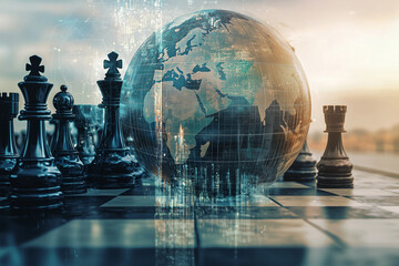 Global Trade Business Strategy Chess Background. A montage of an abstract world globe map and a chess board background 