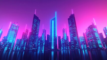 Fototapeta premium Motion blur city with digital panorama and futuristic technology concept. A futuristic city skyline with glowing neon lights at dusk.