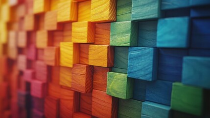 Vibrant wooden block pattern in gradient rainbow colors