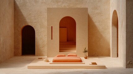 Modern minimalist bedroom design tranquil space interior decor warm environment wide angle serenity concept