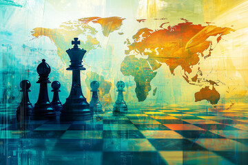 Global Trade Business Strategy Chess Background. A montage of an abstract world globe map and a chess board background 