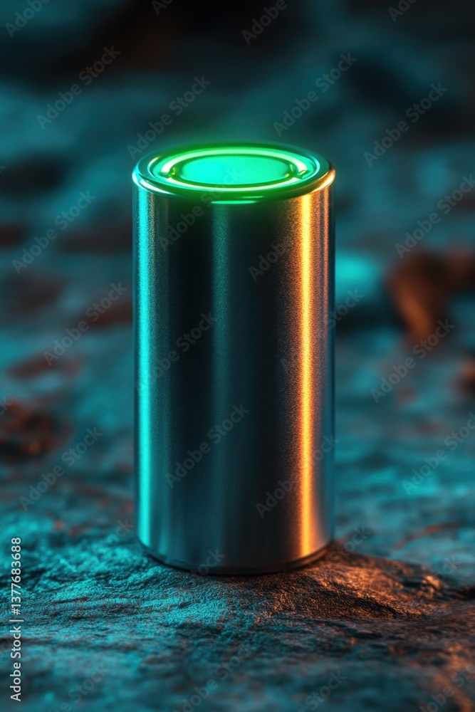 Poster sleek metallic cylinder with glowing green top on textured surface capturing modern technology and i