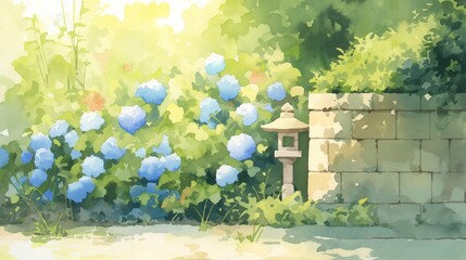 木漏れ日差す庭園の紫陽花と石灯籠・水彩イラスト