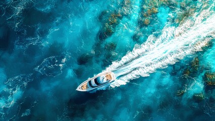 Aerial view of speedboat crossing vibrant coral reef and deep blue sea