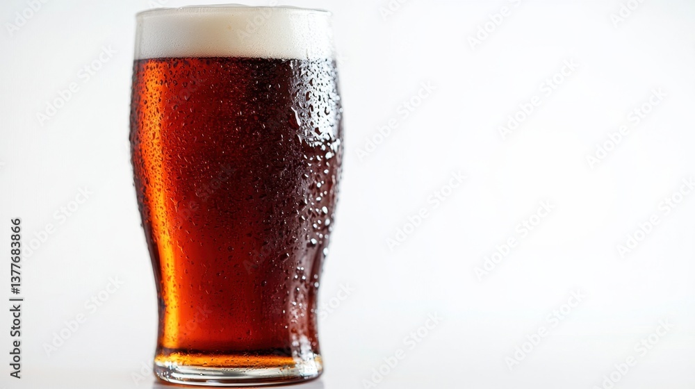 Poster refreshing amber ale in a tall glass with condensation drops against a clean white background creati