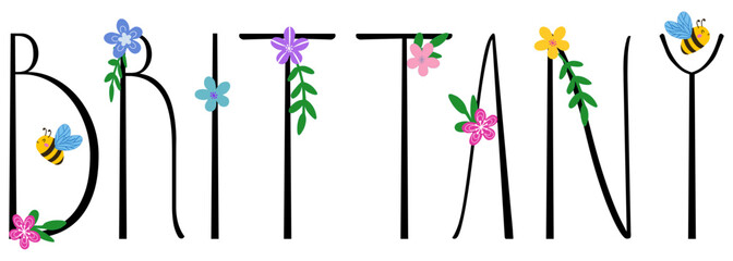Brittany- black color with spring flowers and bees - name written - ideal for websites,, presentations, greetings, banners, cards, books, t-shirt, sweatshirt, prints, cricut, silhouette, sublimation	
