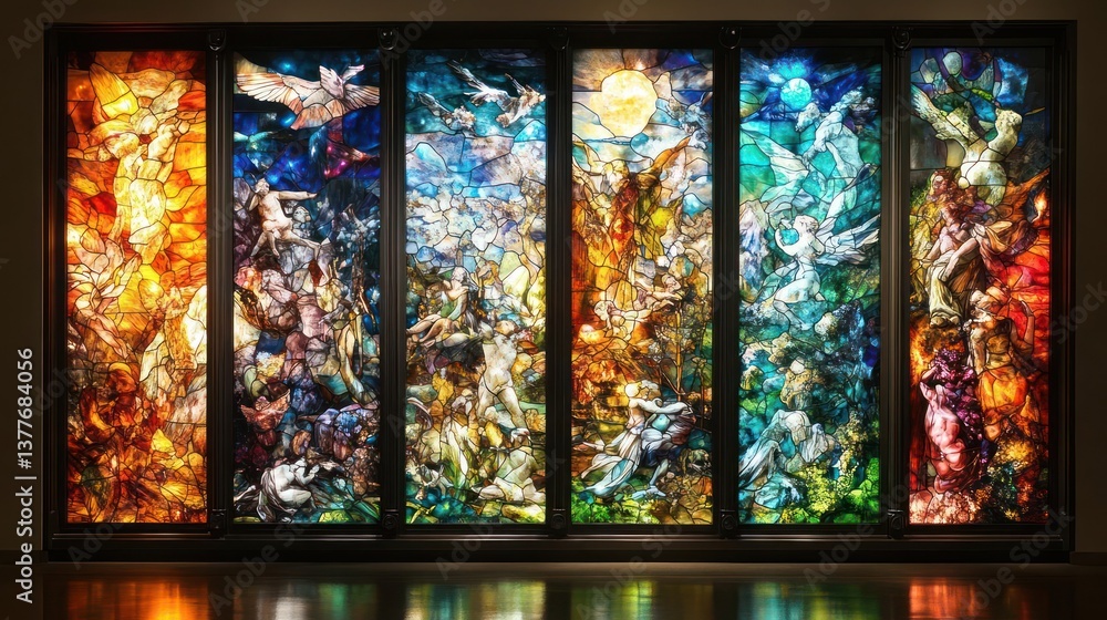 Wall mural large stained glass window depicting scenes of the cosmos and celestial beings. vivid colors and int