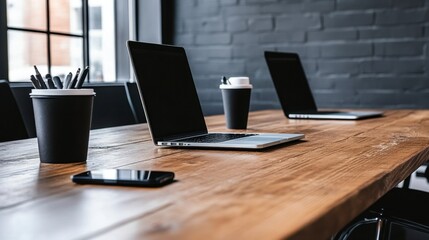 Long wooden table with three laptops, coffee cups, and a smartphone. Dark background with exposed brick wall and large window. Neutral color palette.