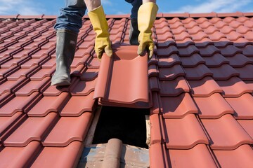 Roofing Contractor Replacing Roof Tiles on a House 