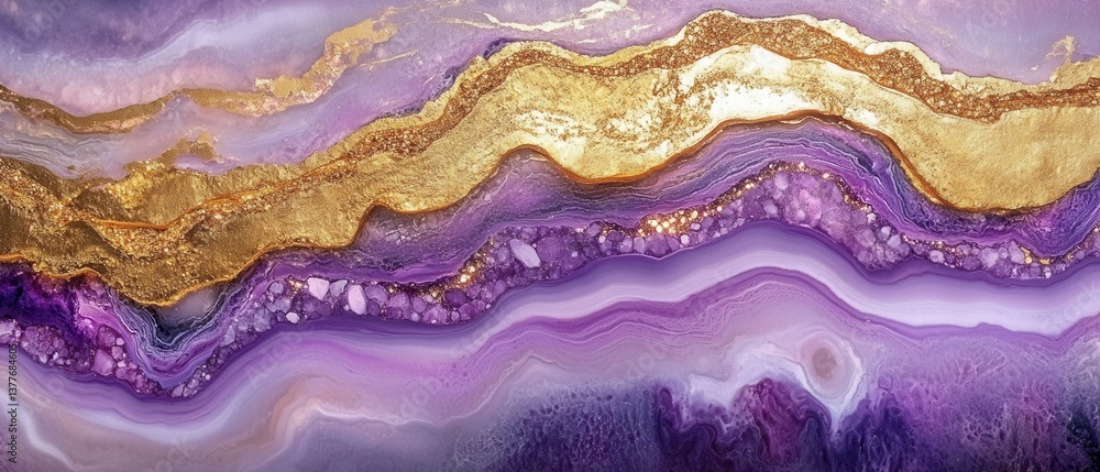 Poster luxurious purple and gold abstract art with flowing textures and shimmering highlights creating a ca
