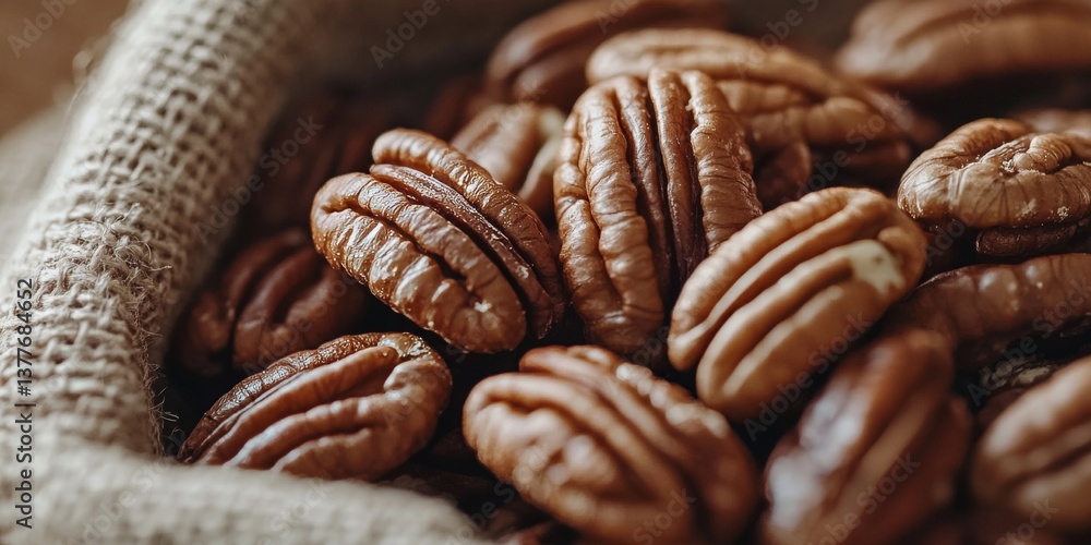 Poster shelled pecan nuts piled inside a rustic burlap sack, close-up view. plenty of copy space.