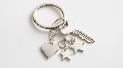 Stylish keychain with metallic charm and keys against a minimalistic background.