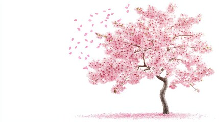 A blooming cherry blossom tree with pink petals falling,