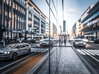 Fototapeta premium Busy city street reflected in modern glass facade
