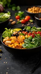 A vibrant and healthy vegan bowl brimming with chickpeas, black beans, avocado, cherry tomatoes, spinach, and a light vinaigrette dressing sits on a dark surface ready to be