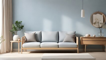 living room interior design with wooden floor, cream sofa, and minimalist decoration, creating a comfortable and peaceful environment