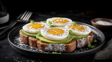 A delectable breakfast of perfectly poached eggs led atop creamy avocado slices on toasted bread, a cozy and inviting morning meal scene.