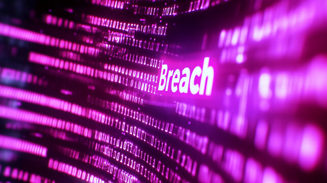 Abstract image of pink binary code with the word "Breach" highlighted, symbolizing data security risk or cyber attack, suitable for tech-related content