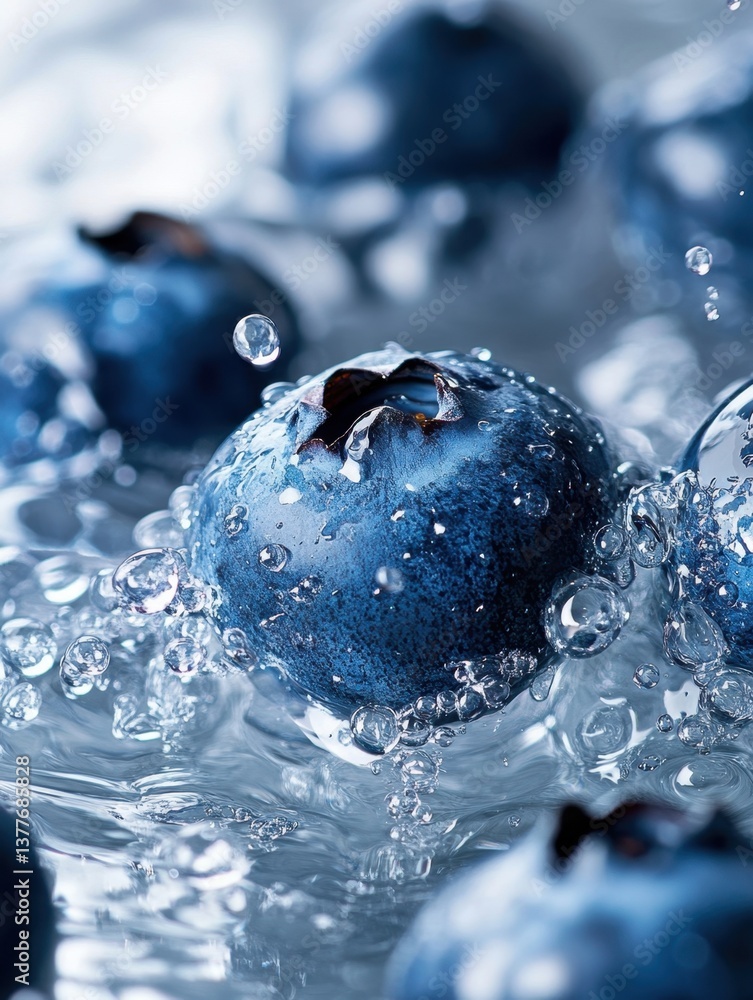 Poster captivating close up of fresh blueberries splashing in clear water creating a refreshing and vibrant