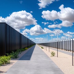 Fototapeta premium Pathway leads to rows of industrial sized energy storage units and wind turbines under a partly cloudy sky. Grey pathway, black fencing, and desert landscaping.