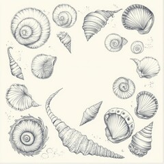Hand-drawn Illustrations of Various Seashells Displayed on a Light Background, Emphasizing Nature's Intricate Beauty and Marine Life Diversity